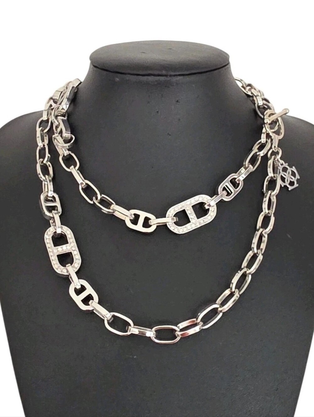 Ann Taylor SilverTone Mariner Link Rhinestone Long Statement Necklace Logo Charm